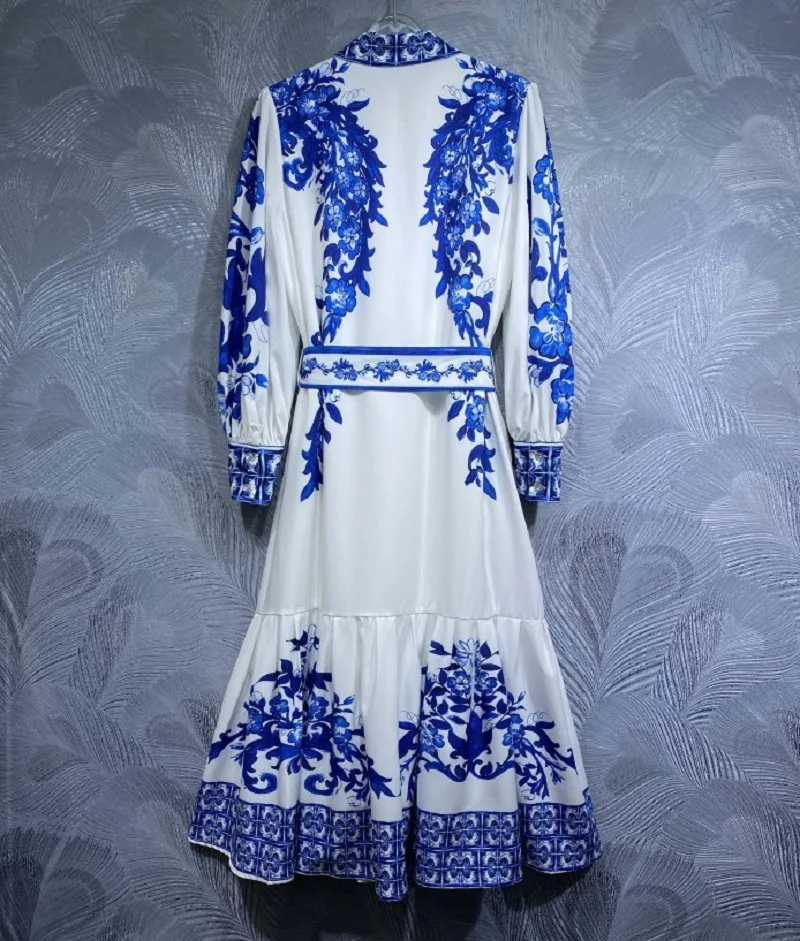 

2024 Autumn Fashion Style Dress High Quality Ladies Turn-down Collar Vintage Porcelain Print Beading Deco Long Sleeve Dress Chic