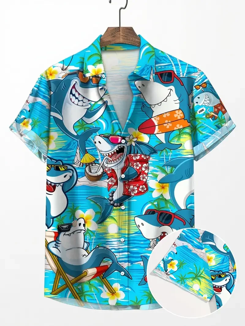 

2026Men's Vintage Hawaiian Floral Short Sleeve Shirt Original Pattern Seabed Printing LuxuryShark Fashion Summer Cartoon Clothi