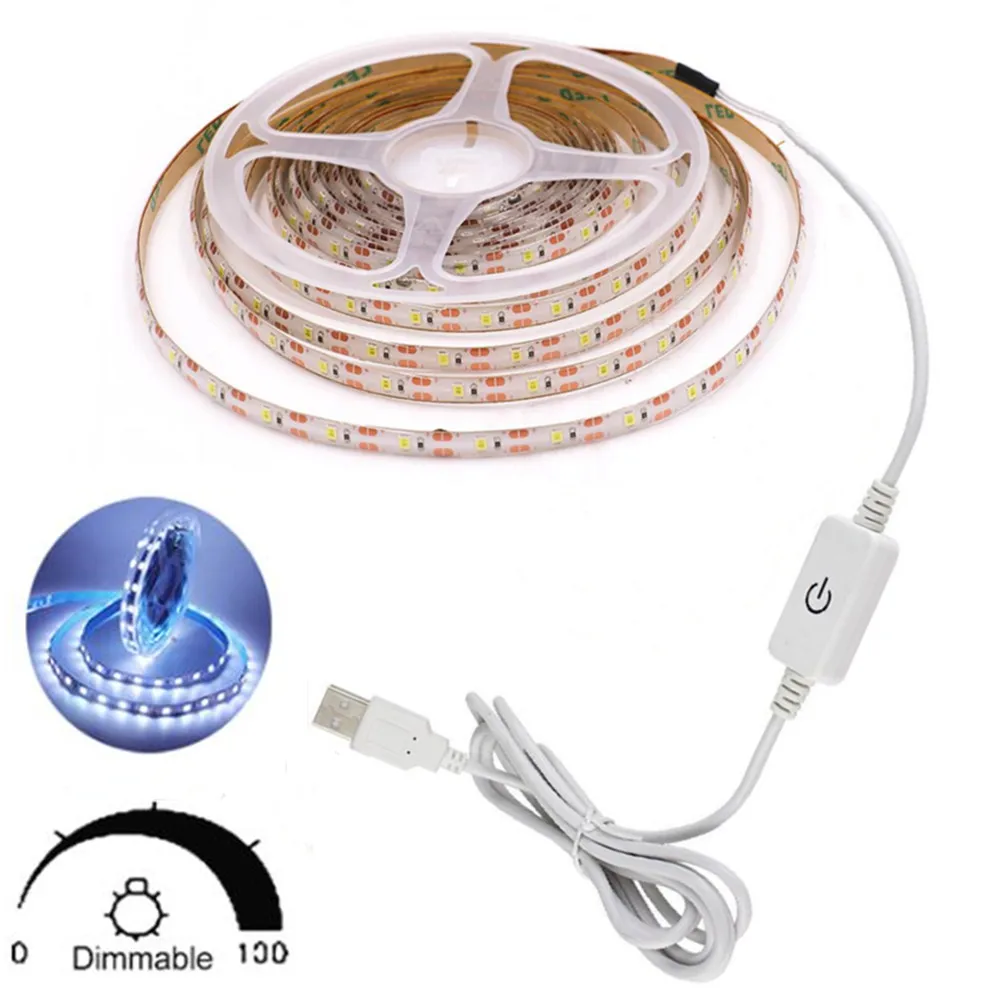 USB LED Strip Lamp SMD2835 5050 Flexible 60LED Light Tape Ribbon TV Desktop Screen Background Lighting Sensor Dimming Battery