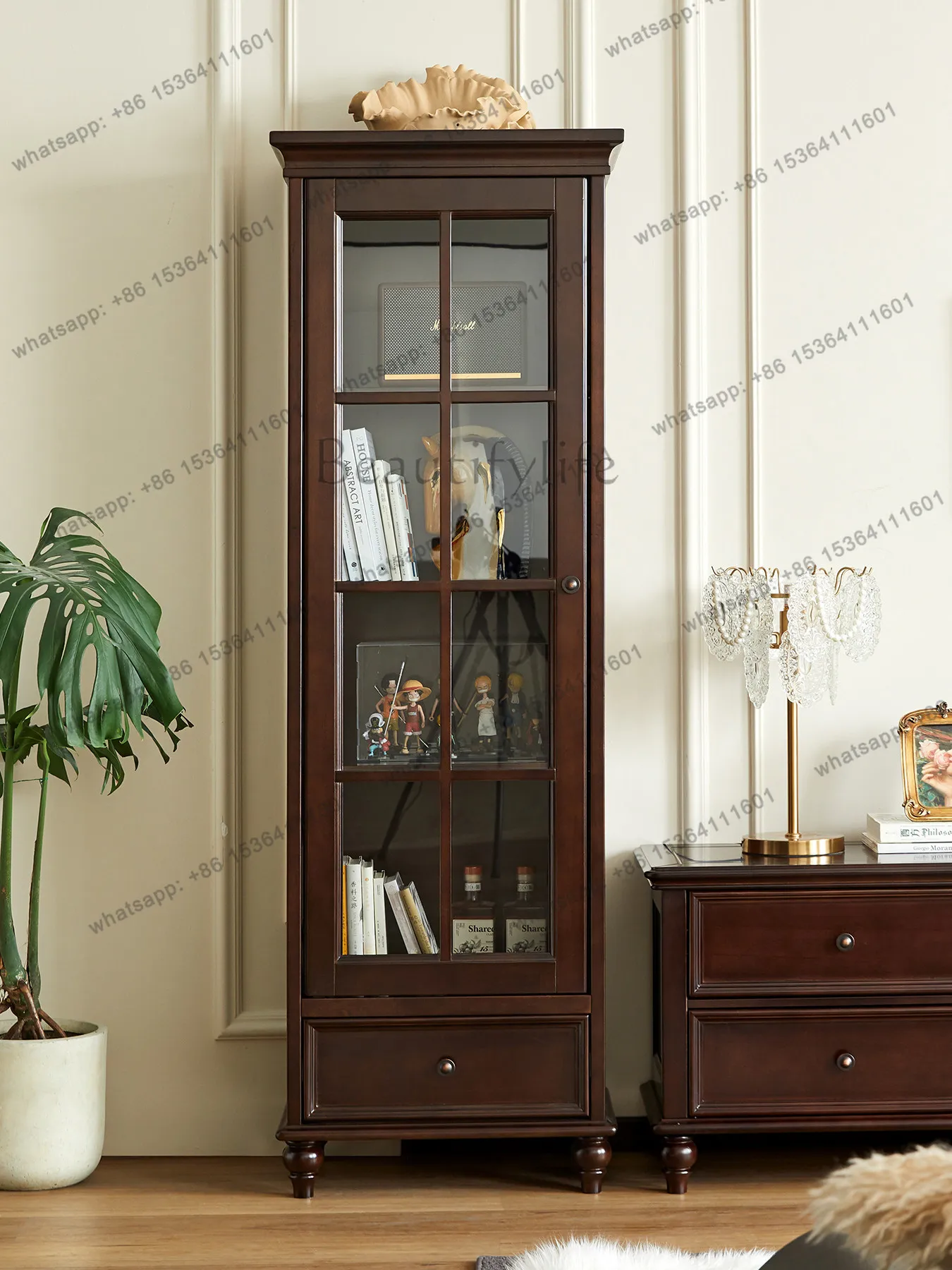 

American all solid wood walnut color wall integrated glass wine cabinet living room home display storage cabinet