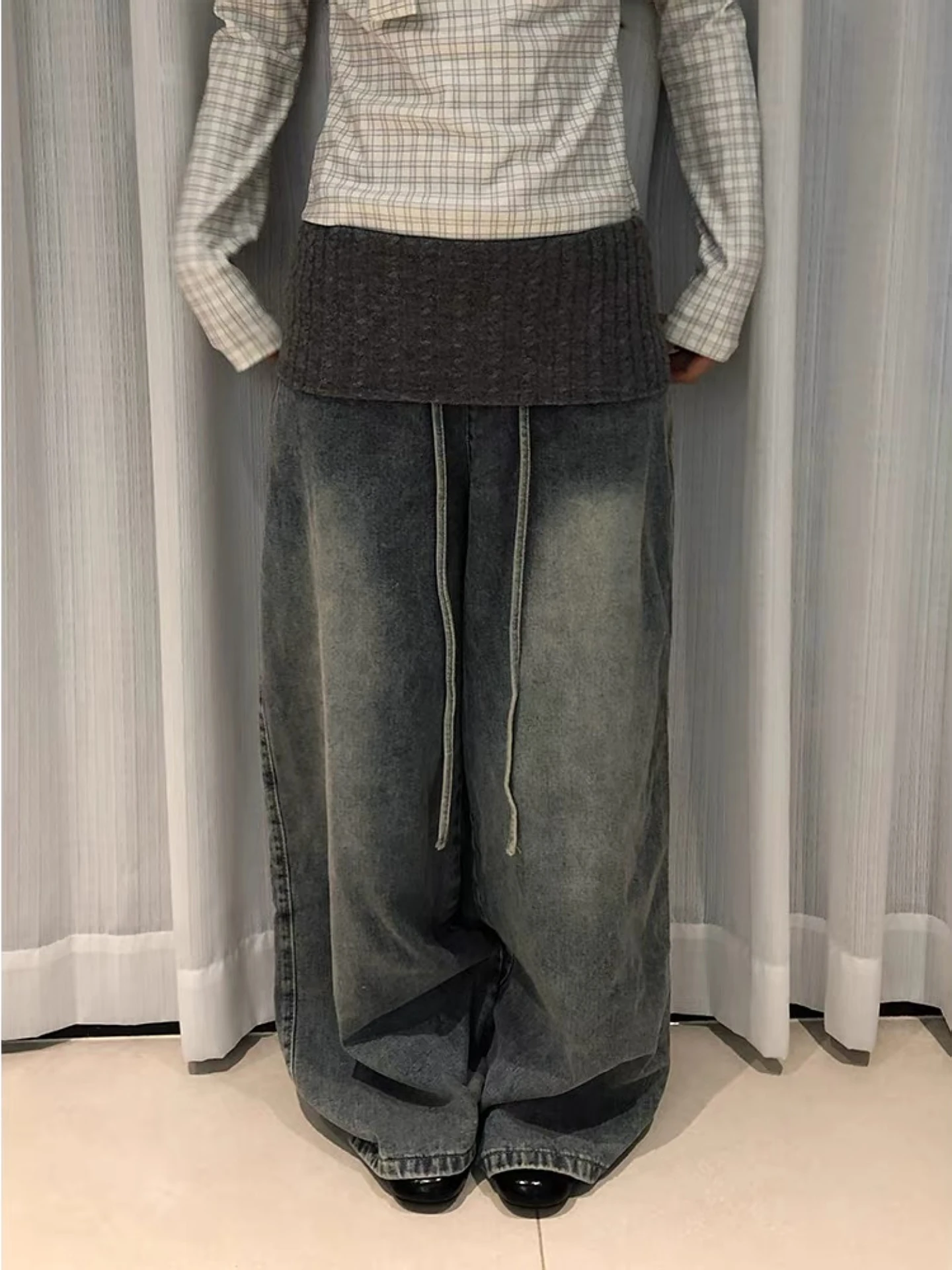 

Loose Fit Chunky Knit American Retro Design Drawstring Splicing Denim Jeans Women Sexy Loose Slim Wide Leg Floor Length Pants