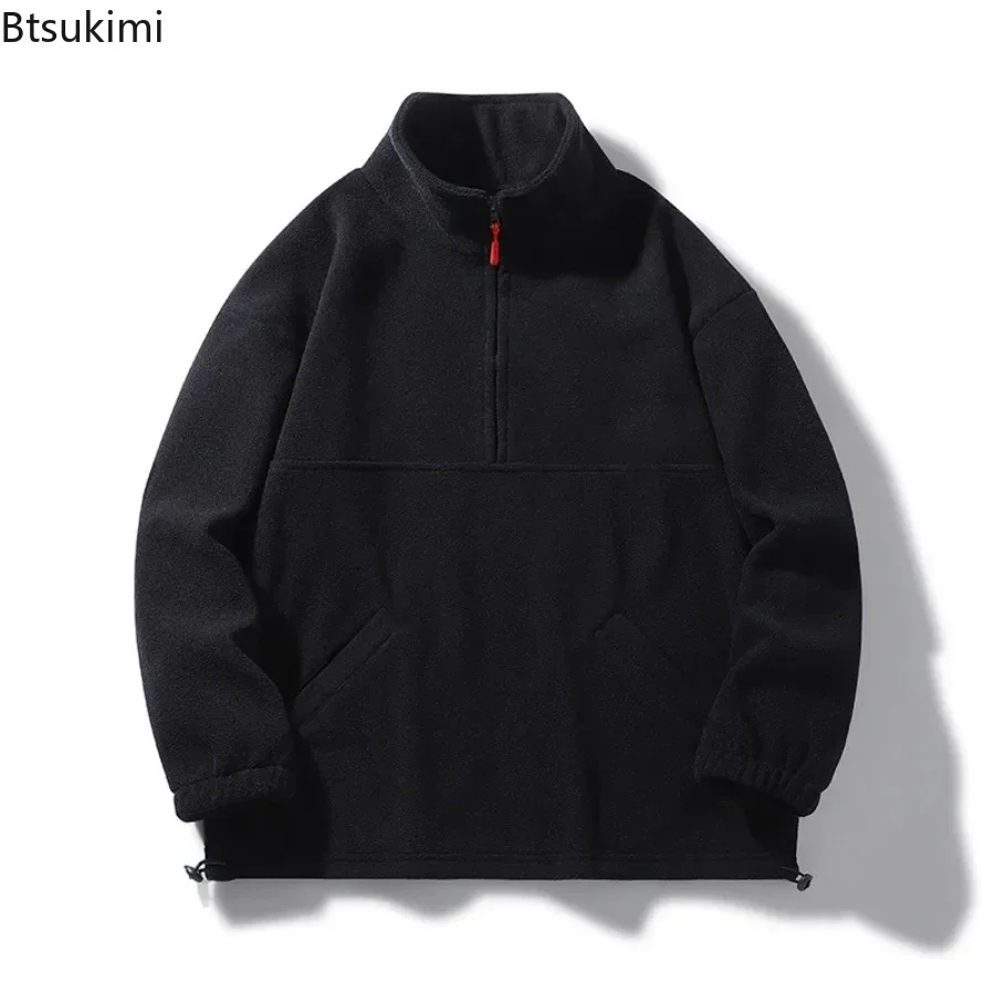 2025 Men's Casual Sweatshirts Fleece Thicker Warm Stand Collar Zipper Pullovers Hoodies Loose Streetwear Solid Men's Warm Tops