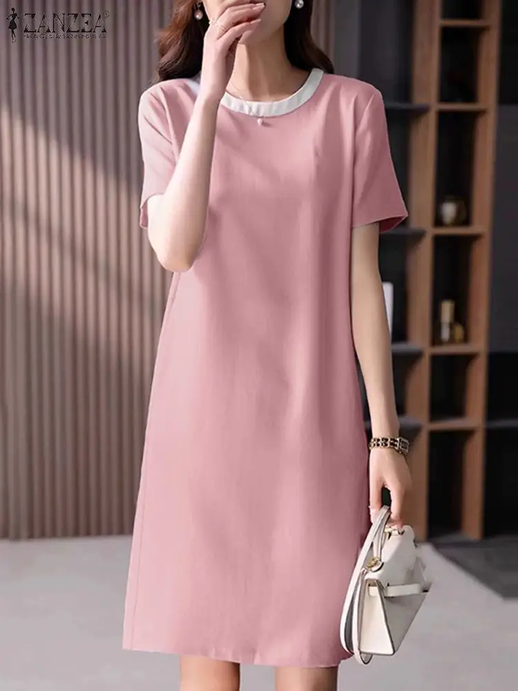 

Women Elegant OL Work Dress 2024 ZANZEA Summer O Neck Short Sleeve Patchwork Knee-length Vestido Casual Loose Party Sundress