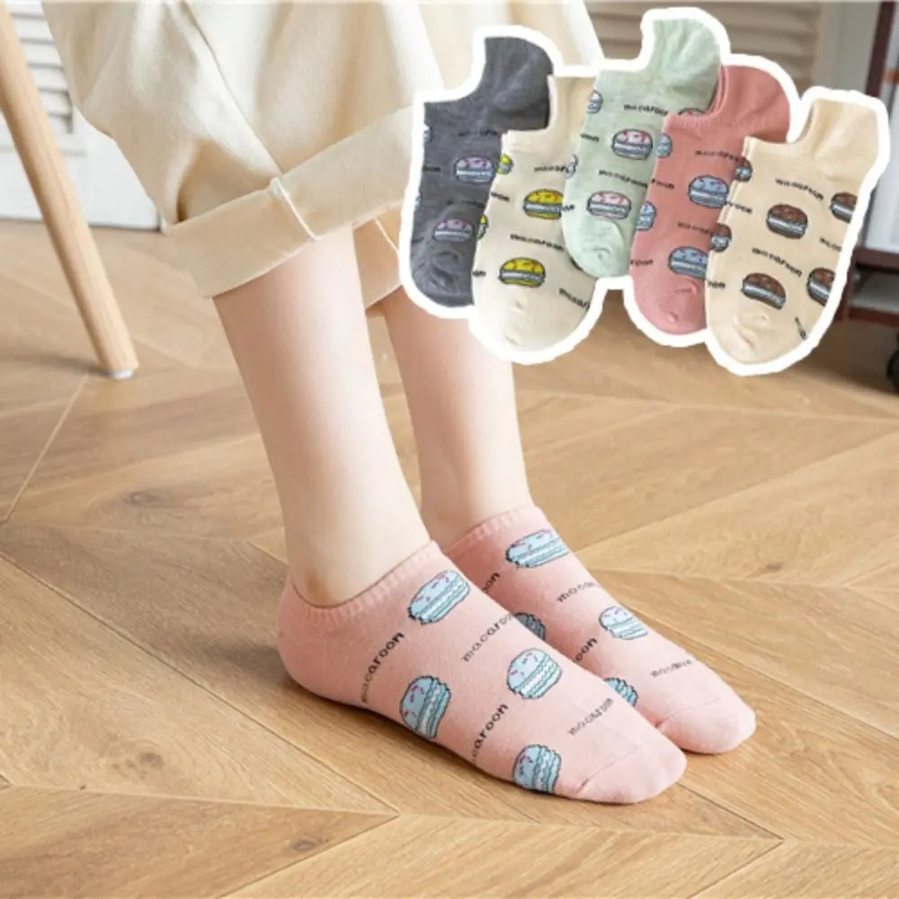 

5 пар мягких носков-лодочек с сердечком и цветком, женские чулочно-носочные изделия с гамбургером, короткие носки с изображением любви, противоскользящие хлопковые женские носки для девочек