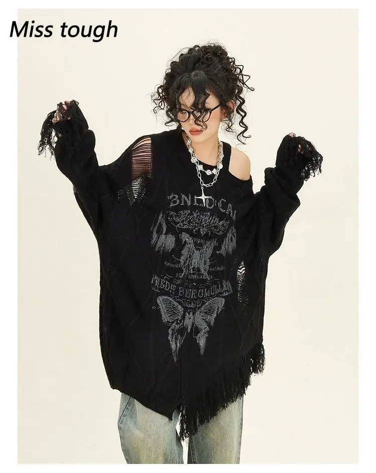 Y2k Harajuku Gothic Knitted Pullovers Women Japanese Fashion Sexy Off Shoulder Tops Female Korea Loose Casual Sweater 2024 New