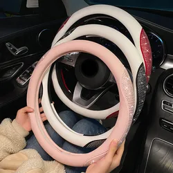 Bing Bling Shiny Car Steering Wheel Cover PU Leather Crystal Rhinestone Round For Women Girls Auto accessories