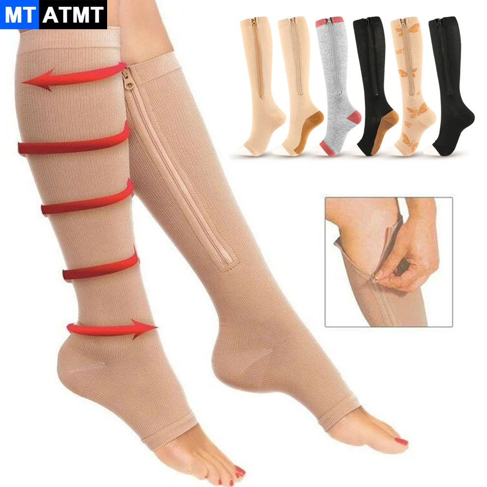 MTATMT 1Pair/2Pair Zipper Compression Stockings Women Slim Leg Socks Support Medical Prevent Varicose Veins For Cycling Running