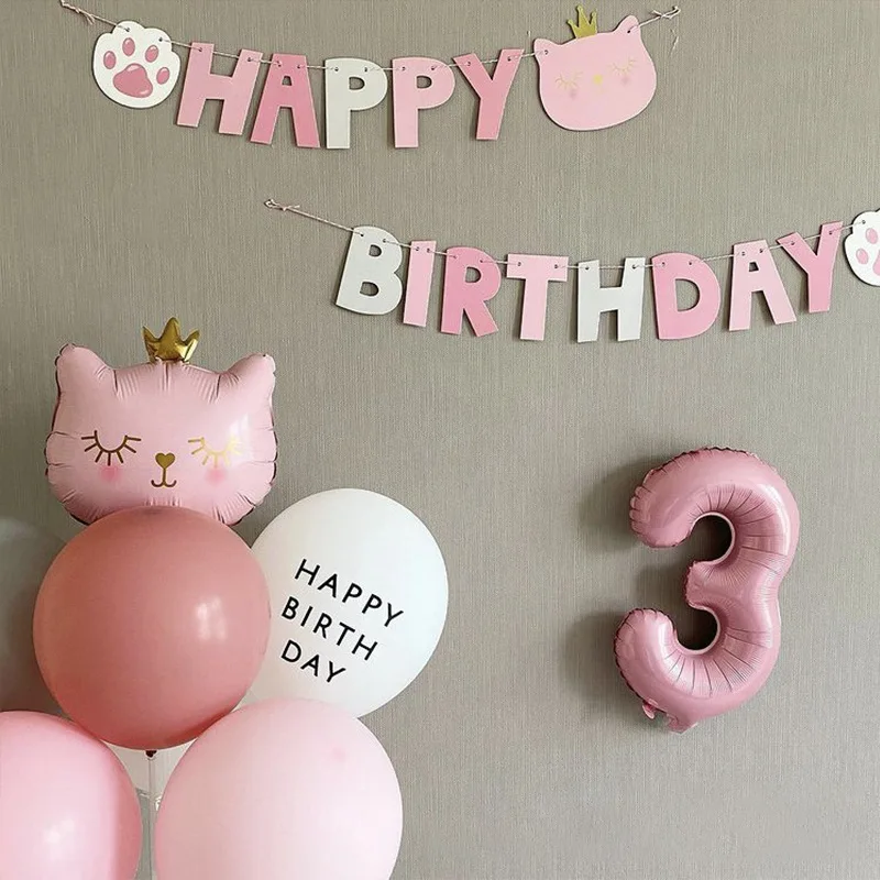 Pink Happy Birthday Party Hanging Banner Garland Cute Crown Cat  Flag Banner Foil Balloons Set Birthday Party Baby Shower Decor