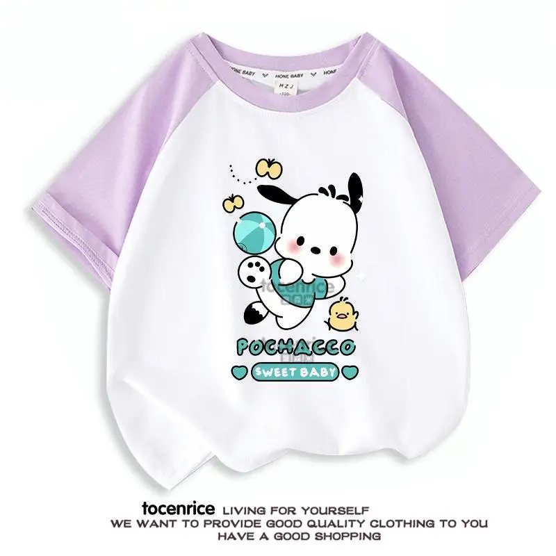 Kawaii Pochacco Girls Short Sleeve Cartoon Cotton T-Shirt Summer Loose Tops Anime Pompom Purins Casual Children's Clothing Gifts