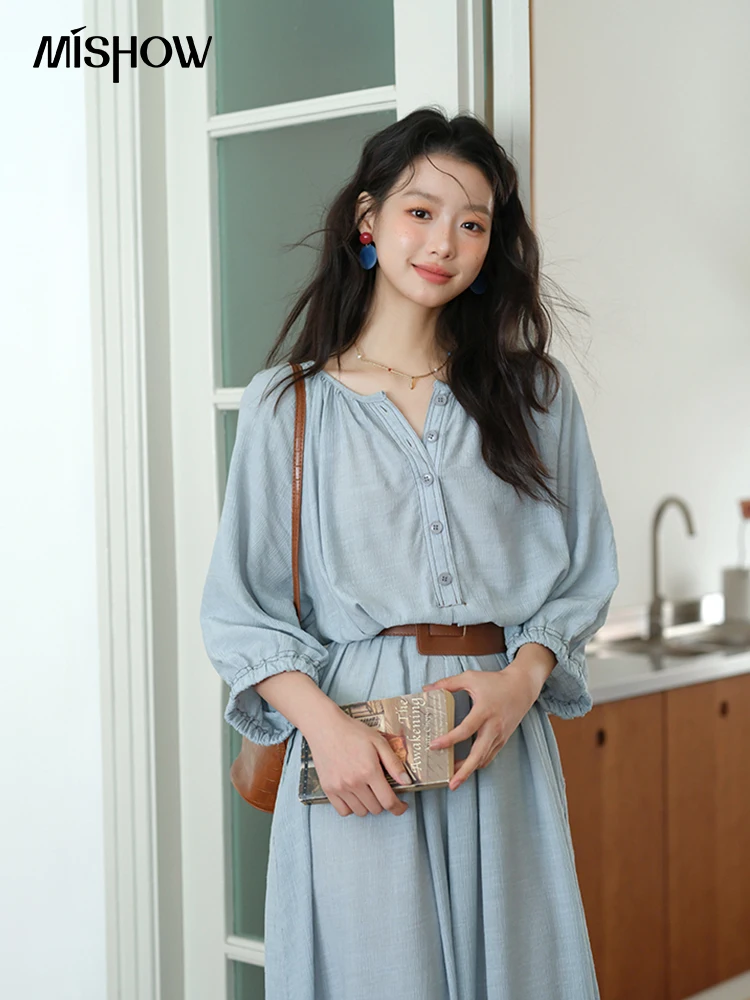 

MISHOW Women's Half Sleeve Button Bamboo Knot Dress with Bohemian Belt 2025 Autumn Blue Long Dress Ladies Clothing MXE20L2468