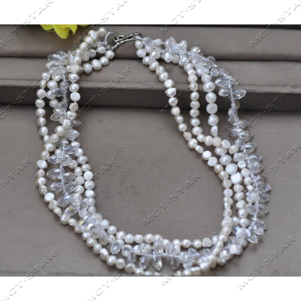 

Z14055 4Row 19" White Baroque Pearl Clean Drop Faceted Crystal Necklace