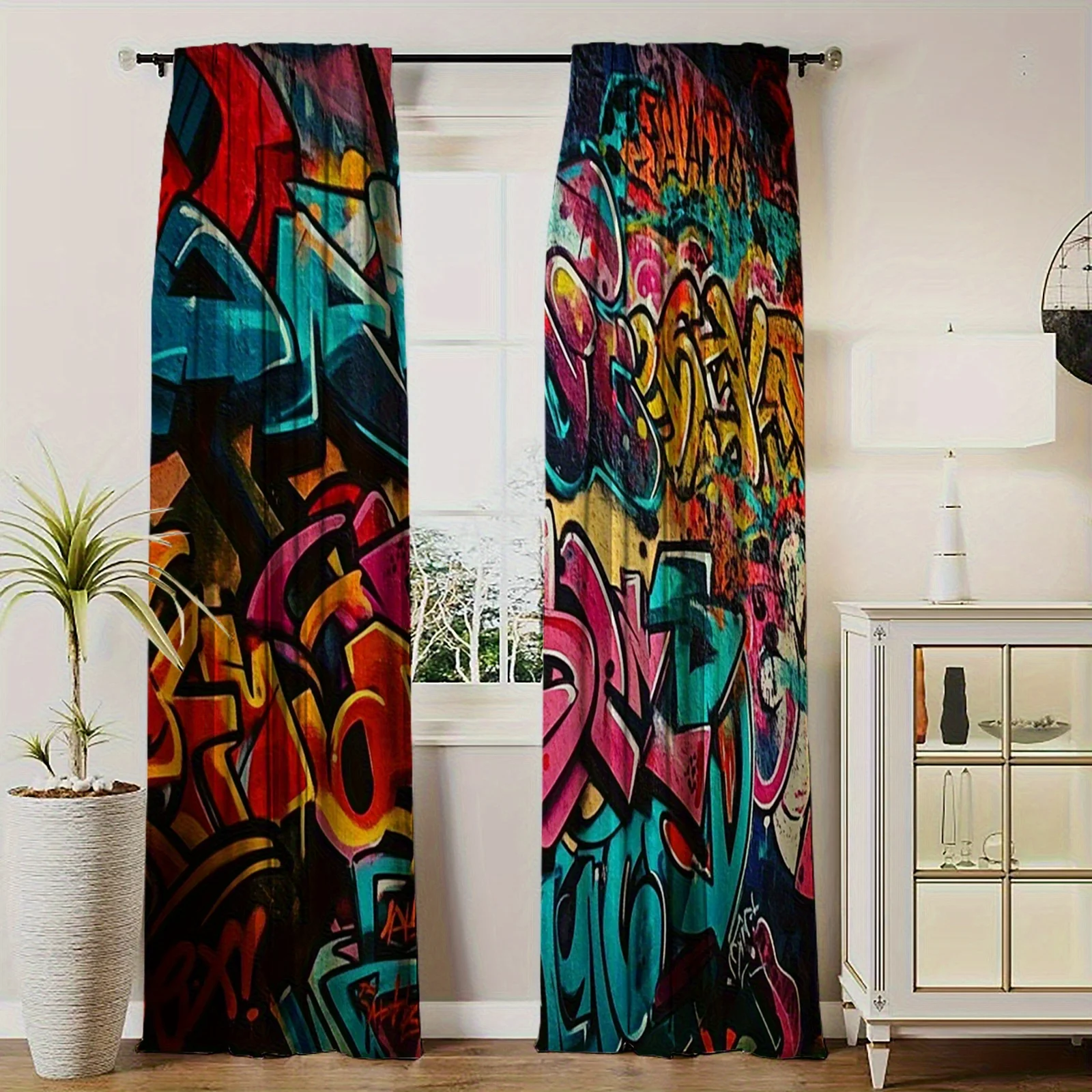 2pcs Graffiti Art Curtains Street Urban Print Blackout Drape Living Room Bedroom Window Treatment Home Decor