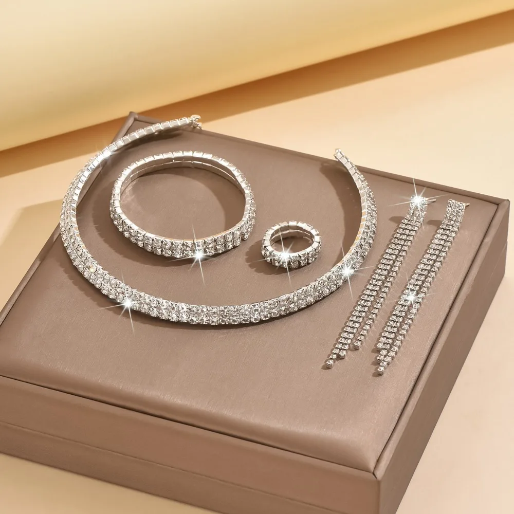 4pcs Set Luxury Multiple Rows Full Inlay Zircon Necklace Earrings Ring Bracelets for Women Engagement Bride Wedding Sets Jewelry