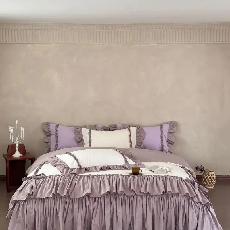 4Pcs Double Layer Ruffles Duvet Cover Set Princess Bedding Set 100% Cotton Quilt Cover Set Flat/Fitted Bed Sheet Pillowcases