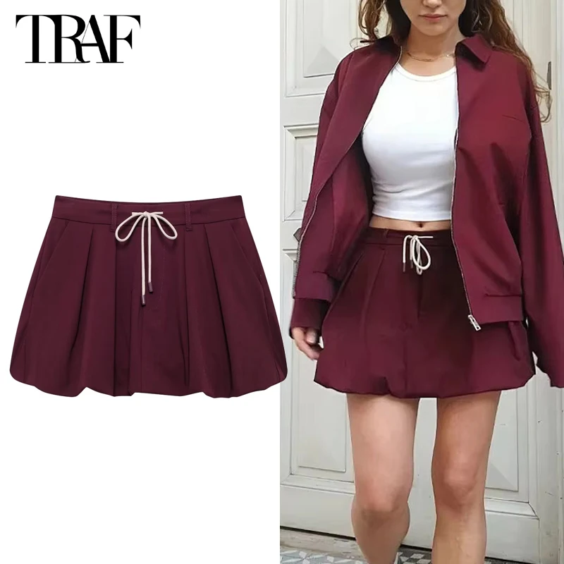 TRAF 2024 Balloon Mini Skirt Women Pleated Mid Waist Skirts for Women Autumn Short Women\'s Skirts Streetwear Draped Woman Skirt