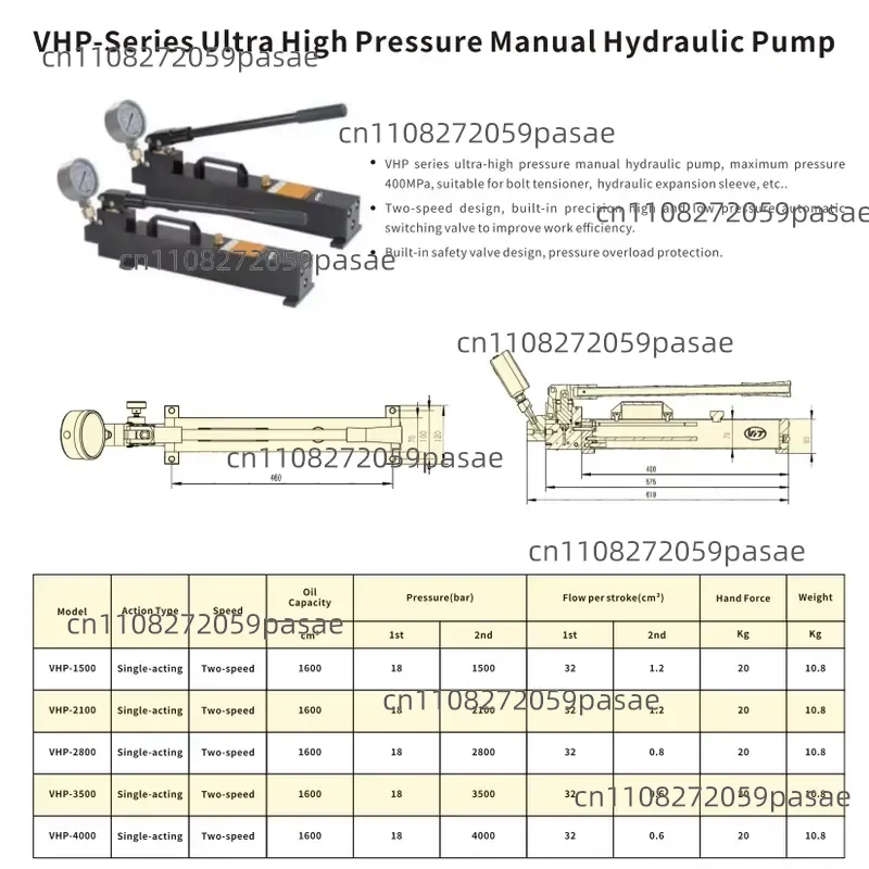 Compact VHP-2100 Ultra-high Pressure Manual Hydraulic Pump, Two-speed Design, Suitable for Mechanical Assembly Work