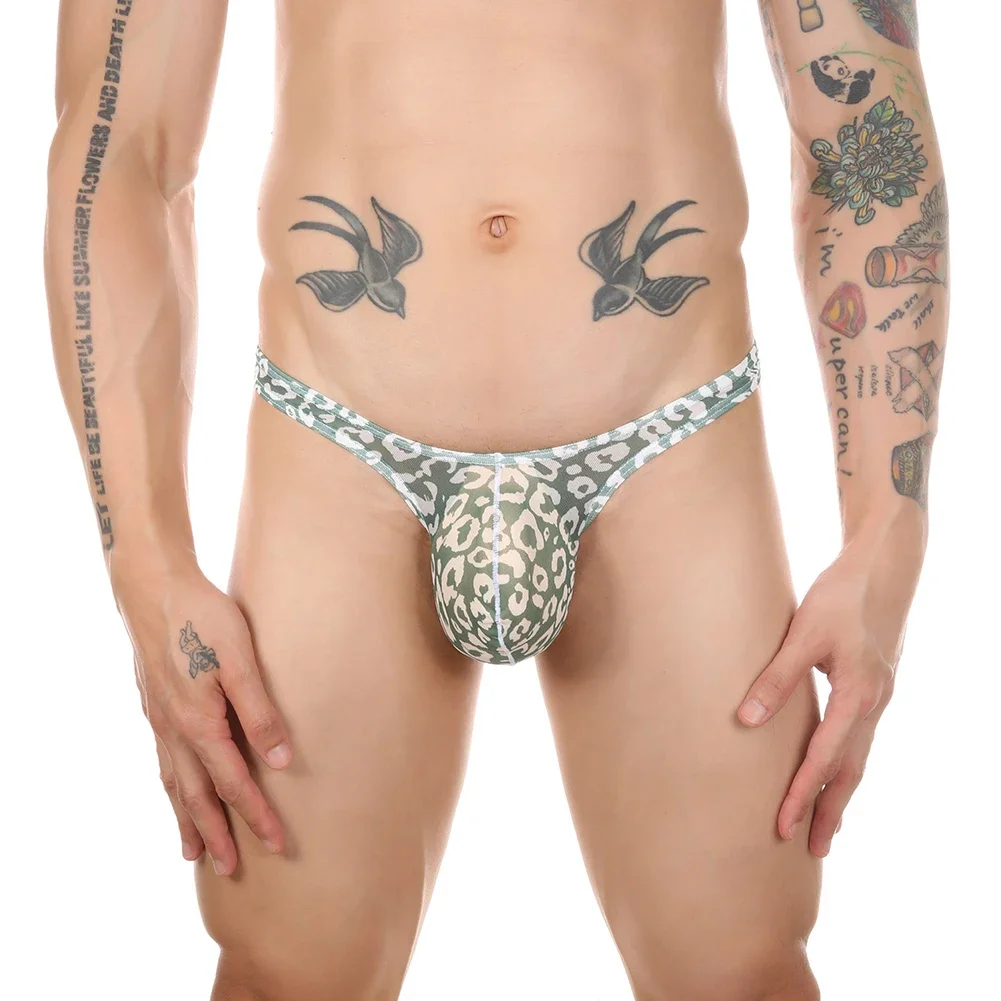 Mens Sexy Briefs Leopard Bulge Pouch T-back Stretch G-string Soft Shorts Solid Color Thong Erotic Hombre Exposed Butt Underwear