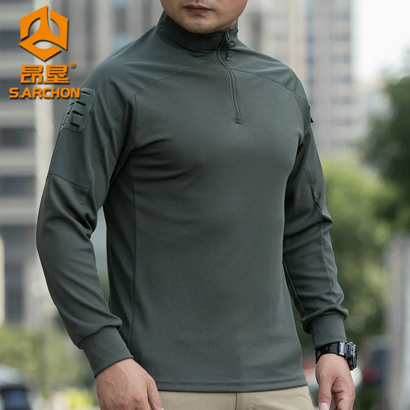 Men Long Sleeve Tactical Shirt Outdoor Combat Training Camouflage Uniform Gym Sport Clothes Tops Stretch Sweatshirt Hiking Shirt