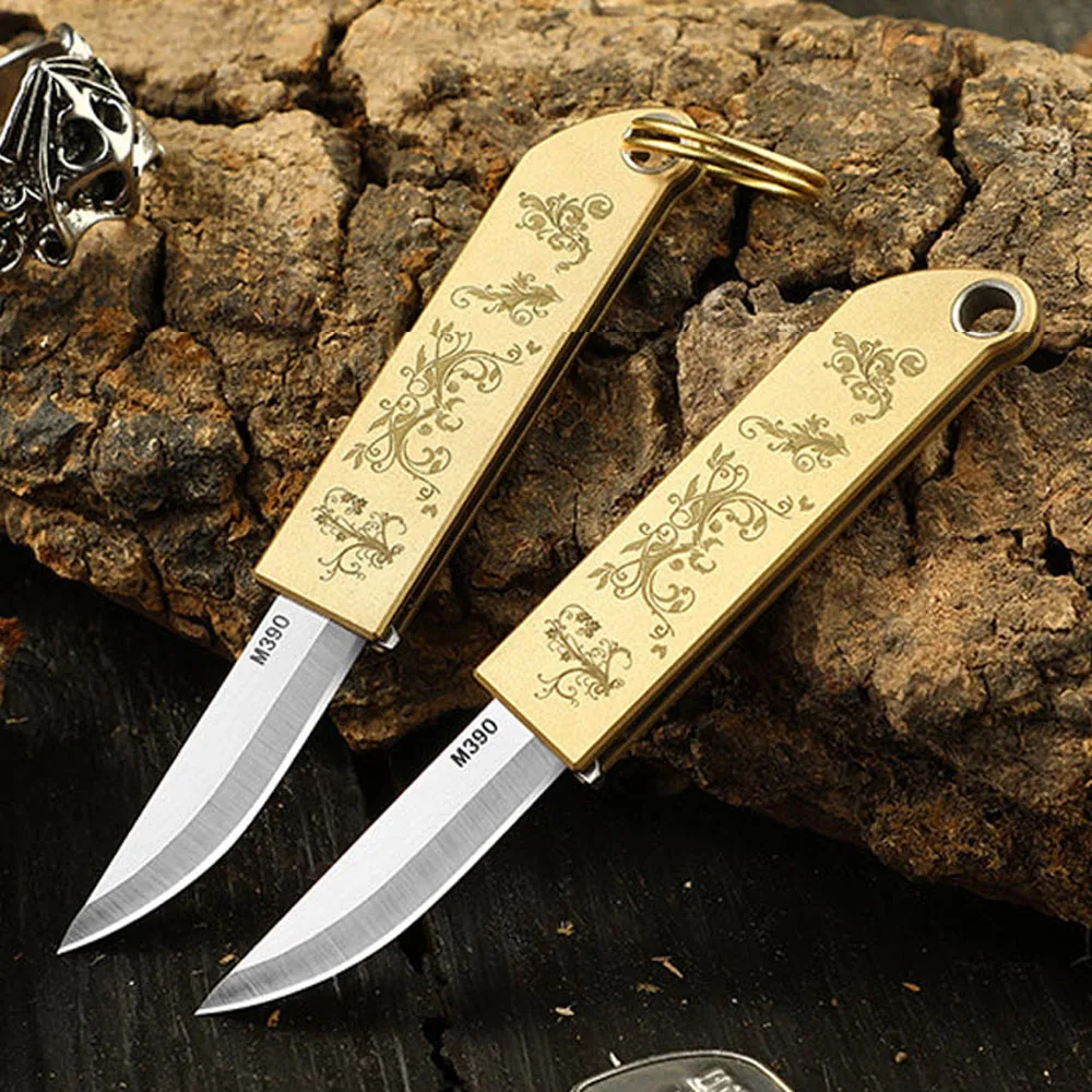 M390 Blade Folding Knife Self Defense Brass Handle Survival Camping Keychain Emergency Pocket Knife Portable Mini Jackknife