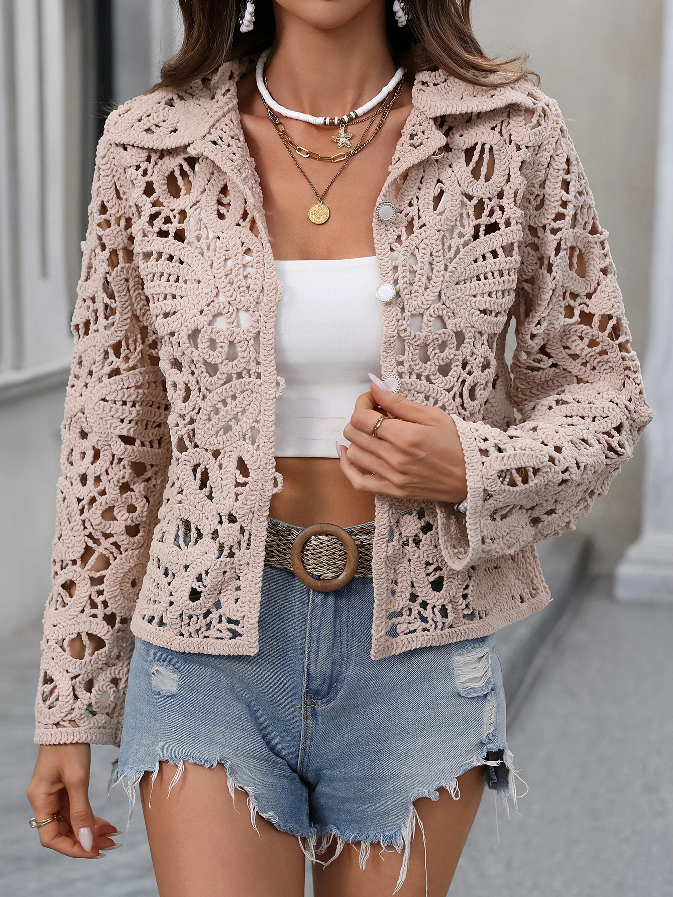 Long Sleeve Crochet Knitted Cardigan Open Front  Knitwear for Women Comfortable Breathable Casual Style