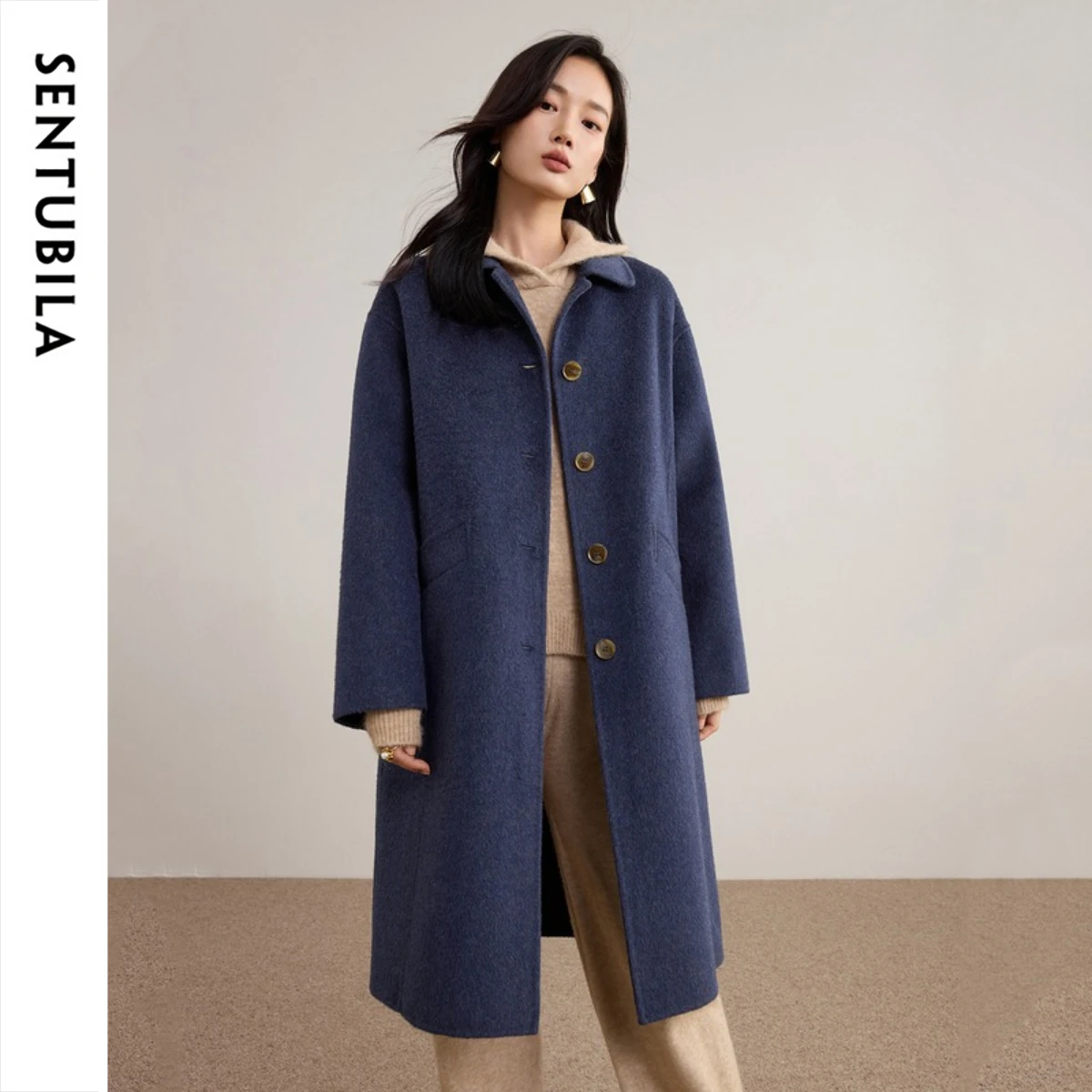 SENTUBILA Double-Faced Wool Overcoat Women 2026 Winter Polo Neck Long Sleeve Outerwear Loose Commute Ladies Long Coat  W54OC2732