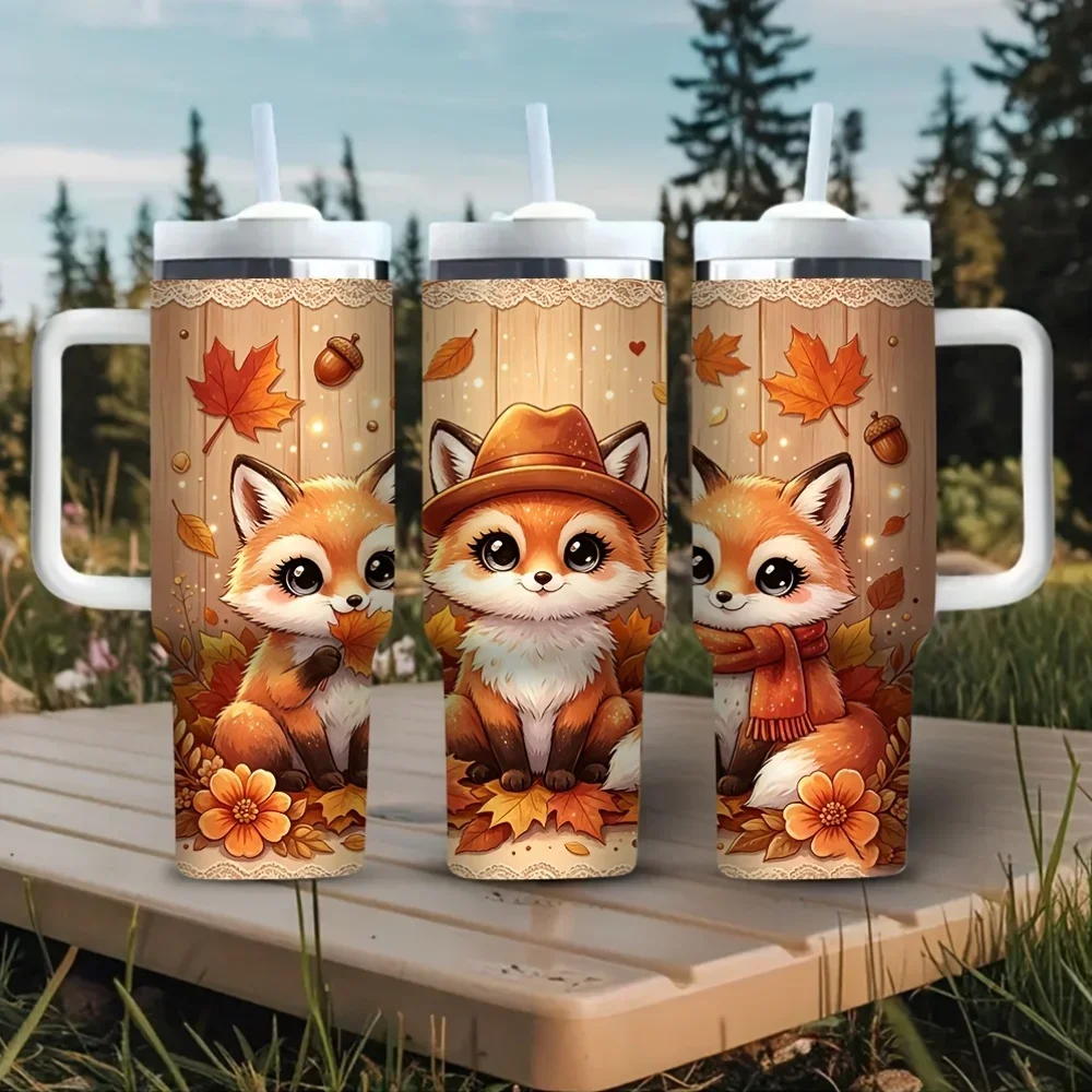 40Oz Tumbler with Handle, Cute Autumn Fox Fall Leaves Print Tumbler, Suitable for Women And Men for Daily Use, Perfect for Fall Outdoor Trips, Fits Both Hot And Cold Drinks