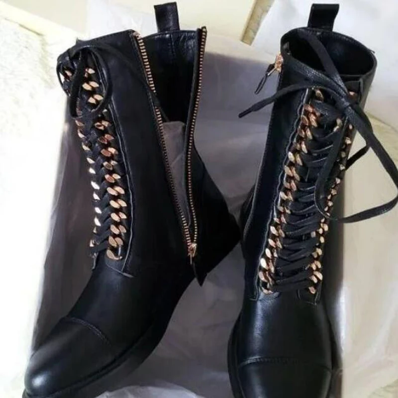 

Punk Silver Gold Chains Ankle Boots Black Cow Leather Lace-up Stacked Flats Motorcycle Boots Women Round Toe Lady Ridding Boot