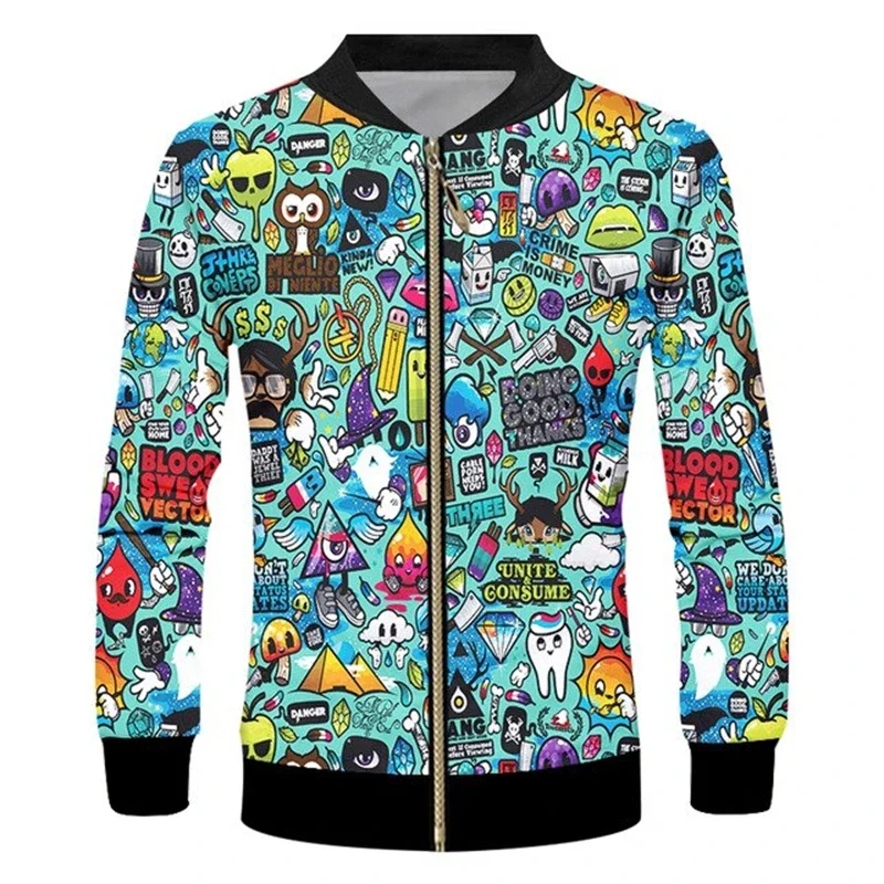 Psychedelic Graphic Jacket Pop 3D Printed Zipper Jacket Unisex Casual Overcoat Loose Plus Size Zip Up Coat Outdoor Sportwear Top