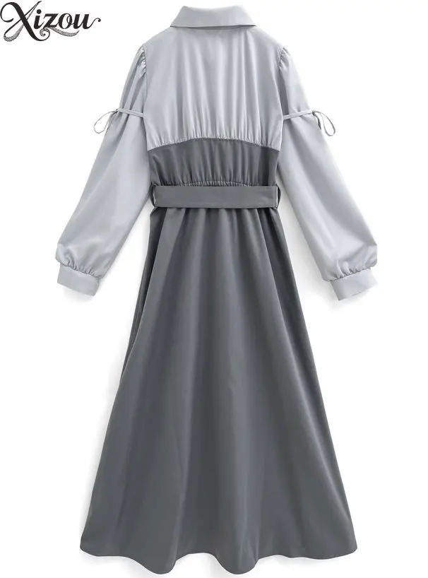 Słodka sukienka z kołnierzykiem, patchworkowa, damska, z kokardą, bufiastymi rękawami, z paskiem, z wysokim stanem, do pracy, w kształcie litery A, 2025, japońska, sznurowana, francuska.