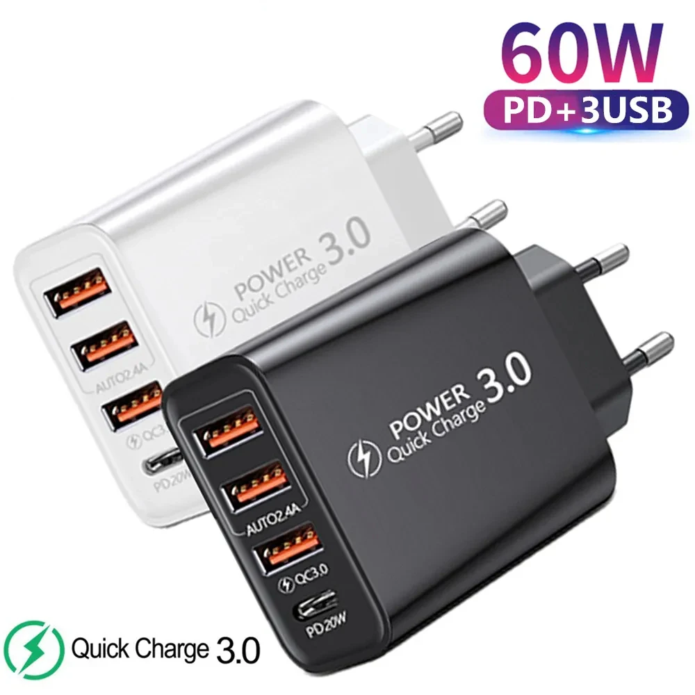 Cargador USB de carga rápida para teléfono móvil, adaptador de carga de pared 3,0 de 60W para iPhone, Samsung, Xiaomi y Huawei