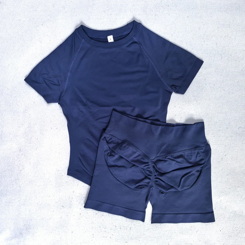 2 Piece Yoga Set Fitted Workout Clothes Woman Gym Wear Longline Short Sleeve Top Scrunch Booty Gym Shorts Seamless Sports Suits