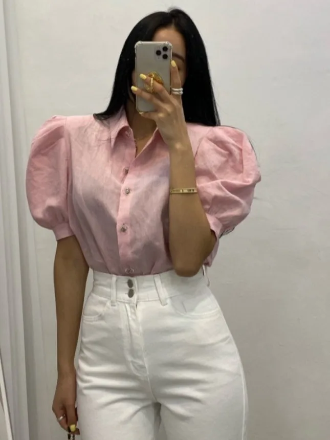 

Loose oulder Pad Bubble Sve Pure Color irt Women's Thin ort Sve Top Dongda Gate 2025 Summer New Sle Faionable