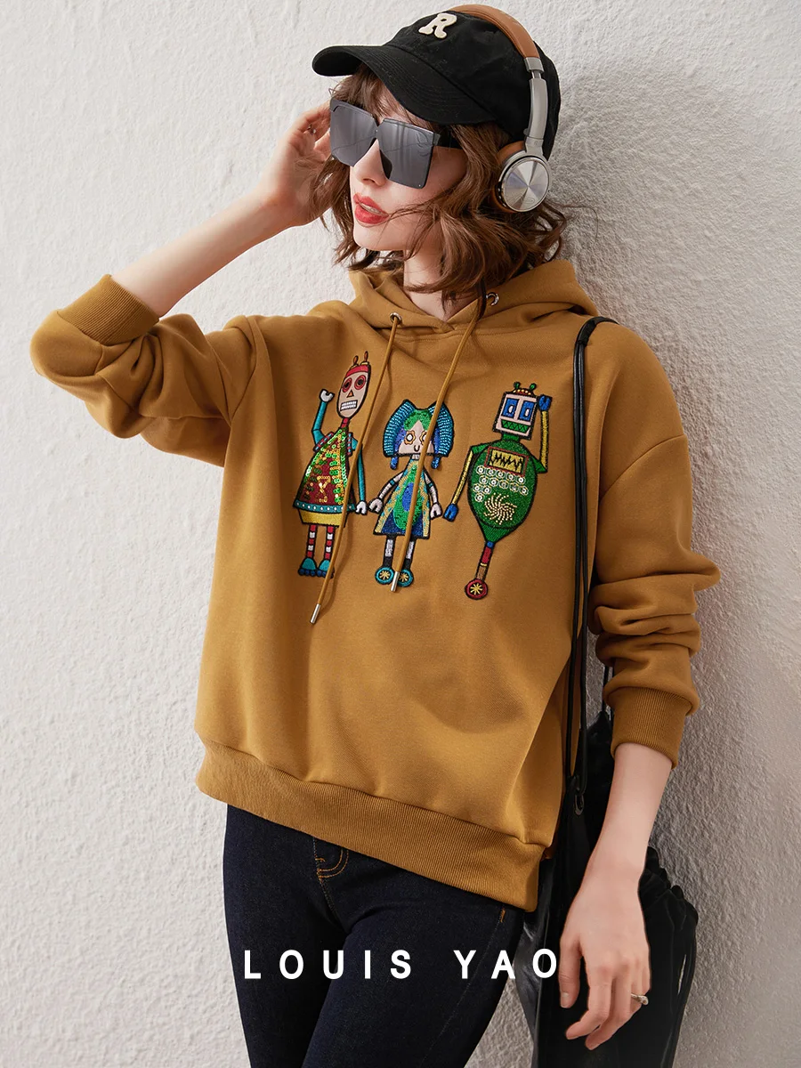 LOUIS YAO 2024 Autumn Winter Velvet Thickened Hooded Sweatshirt Cartoon Character Patch Decorated Top Long Sleeve Women\'s Hoodie