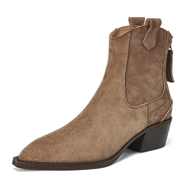 AIYUQI Women's Ankle Boots 2026 New Pointed Toe Zippered Western Cowboy Boots For Women Block Heel Work Boots Female