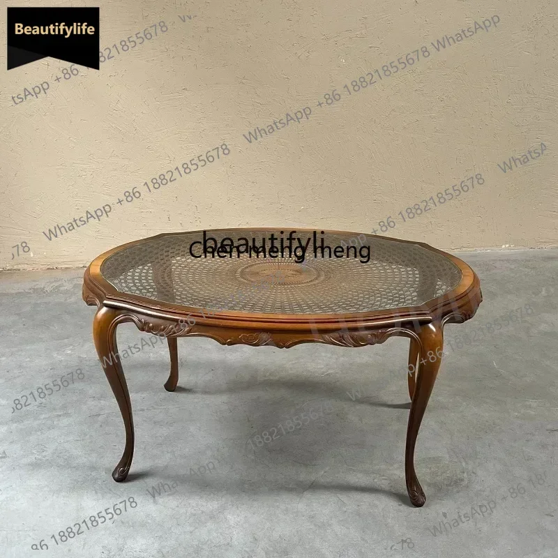 

Y183yle rattan design solid wood carving flower tea table glass surface coffee tableQ