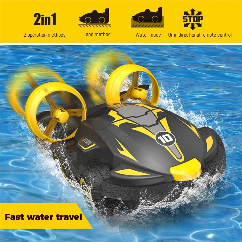 2-in-1 Amphibious RC Hovercraft Boat High Speed Drift Car Rechargeable Remote Control Vehicle for Kids Outdoor Water Land Toy