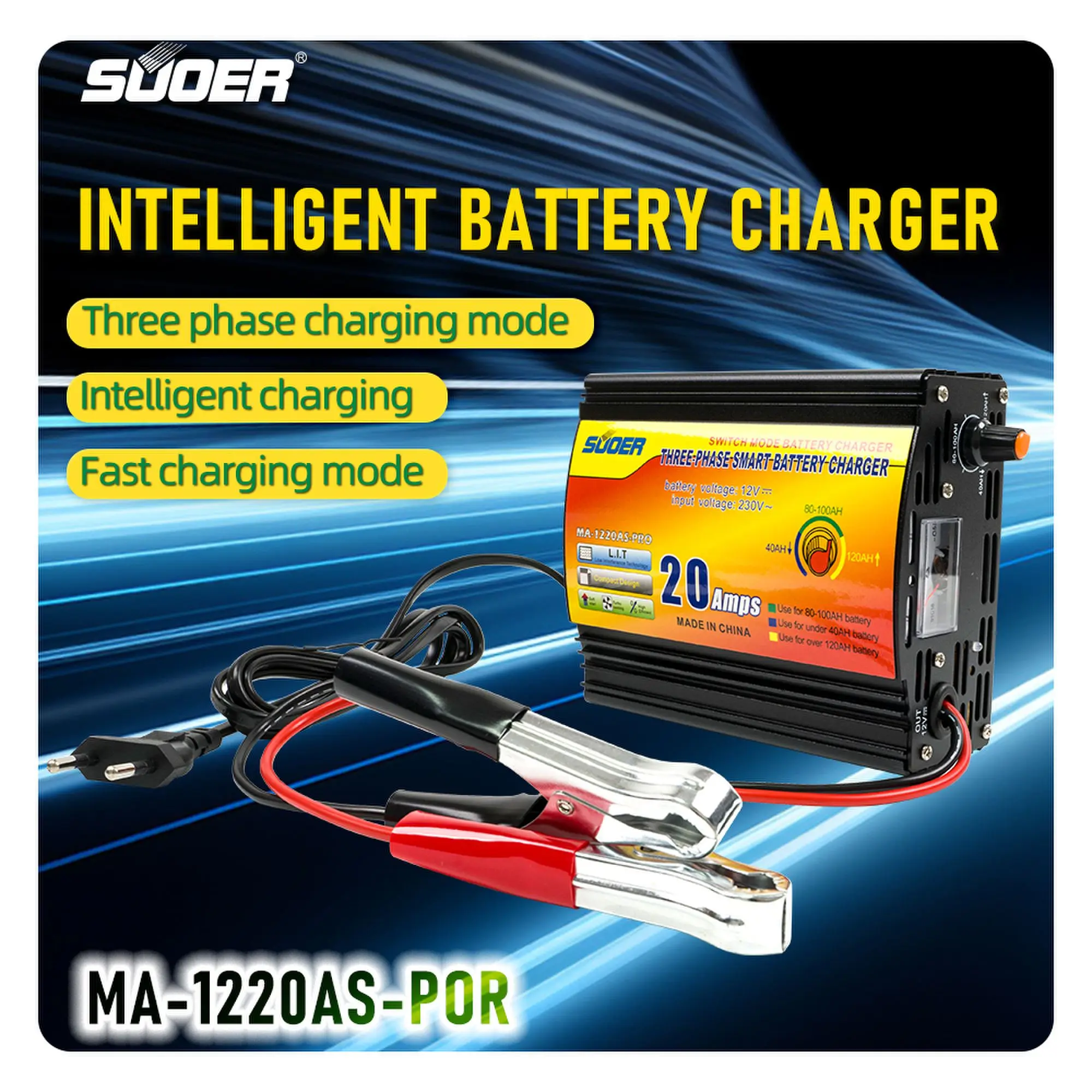 Suoer MA-1250A Caricabatteria automatico intelligente 50 AMP 12V Modalità di ricarica trifase portatile Convertitore e inverter