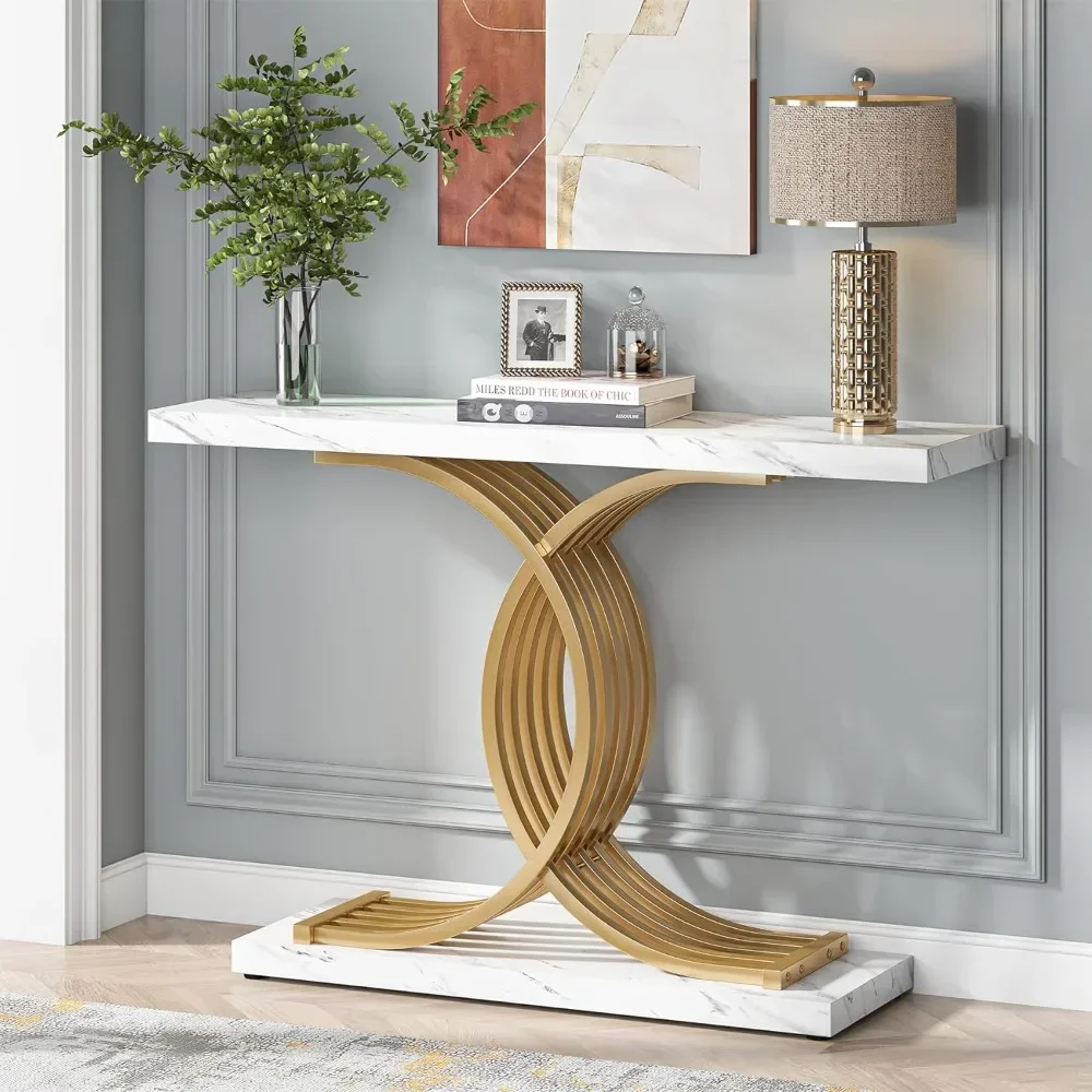 Gold Entryway Table, Modern 39” Console/Accent Table with Geometric Metal Legs, Foyer Table for Entrance  Table Basse