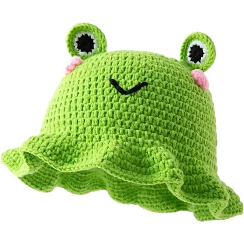Cute Women'S Hand Woven Frog Hat Fashionable Ruffled Pullover Hat Hip-Hop Role-Playing And Daily Casual Fisherman Hat