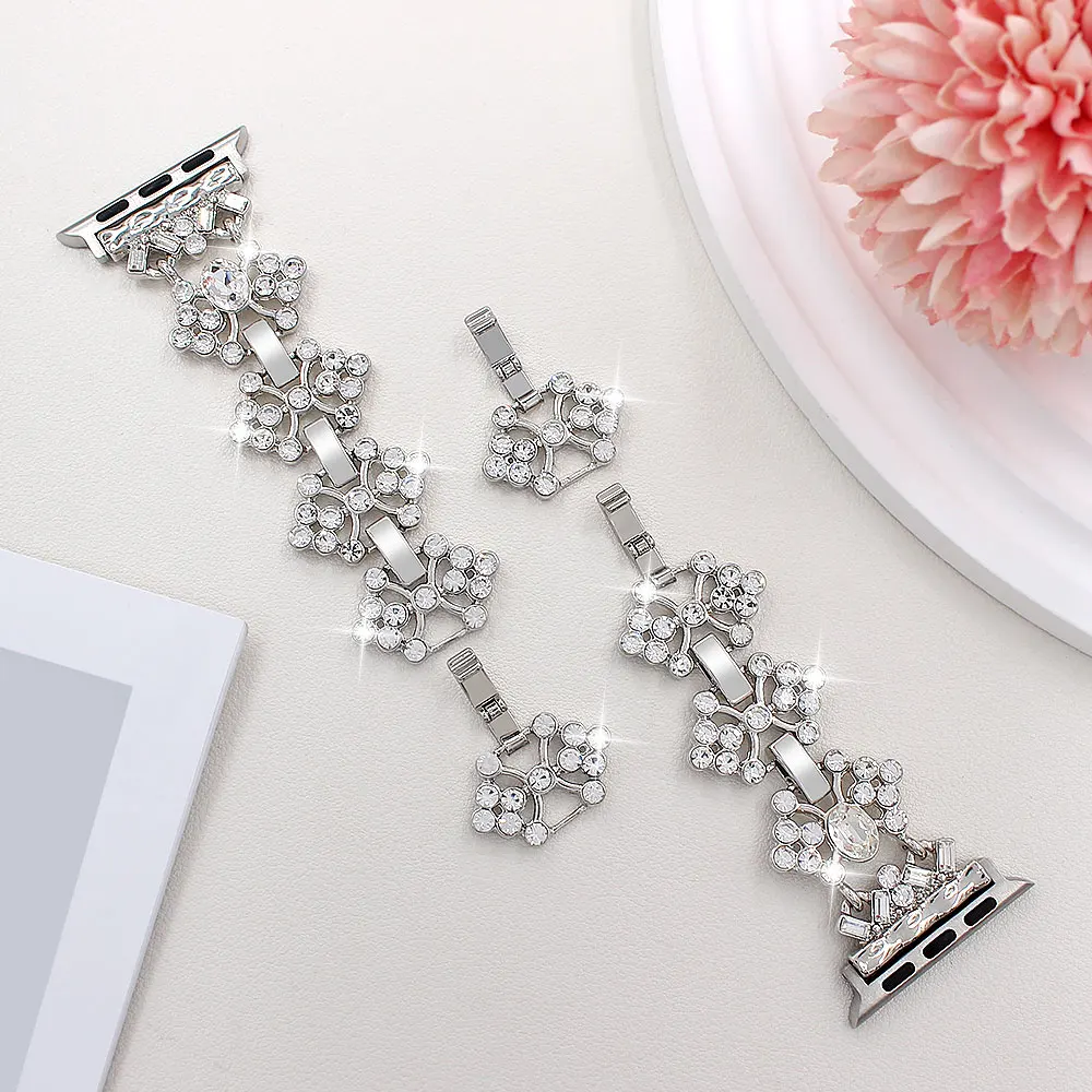 Metal Strap for Apple Watch Band Luxury Diamond Flower Bracelet Chain for Iwatch98765SE Ultra40 41 44 45 46 49mm Women Wrist