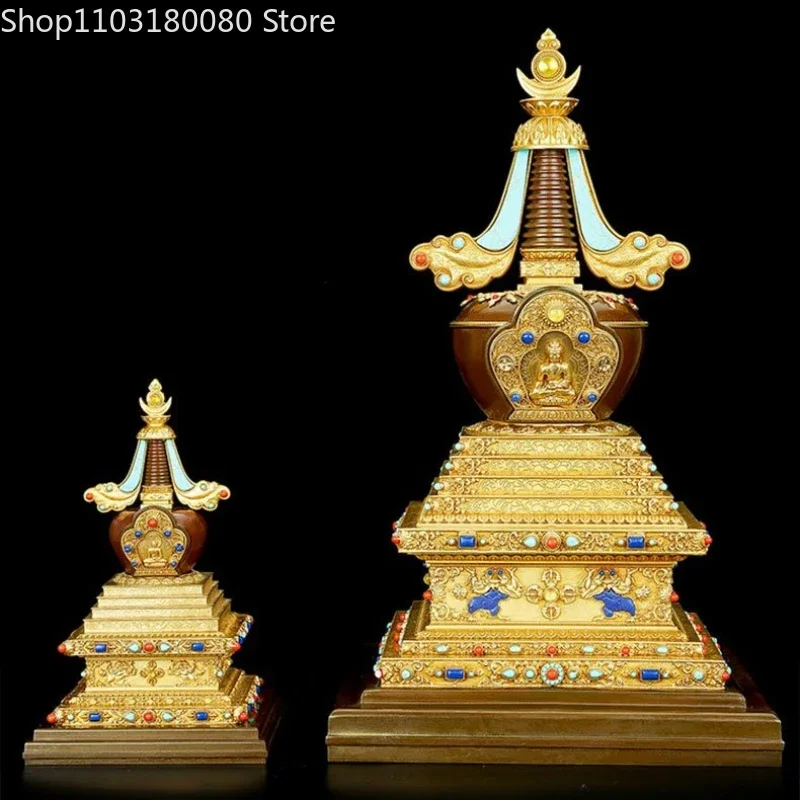 Copper gilding carve Stupa statue Tibet buddhism sarira dagoba sculpture Worship decor Large size,37cm,19cm