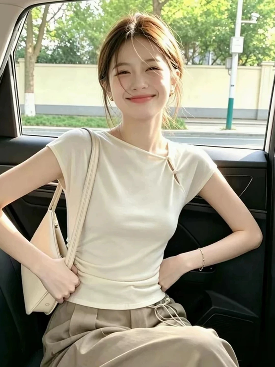 Korean Style Women's Slim Fit Short Sleeve T-Shirt Summer Unique Beautiful Asymmetrical Neckline Fat MM Large Size Clothing