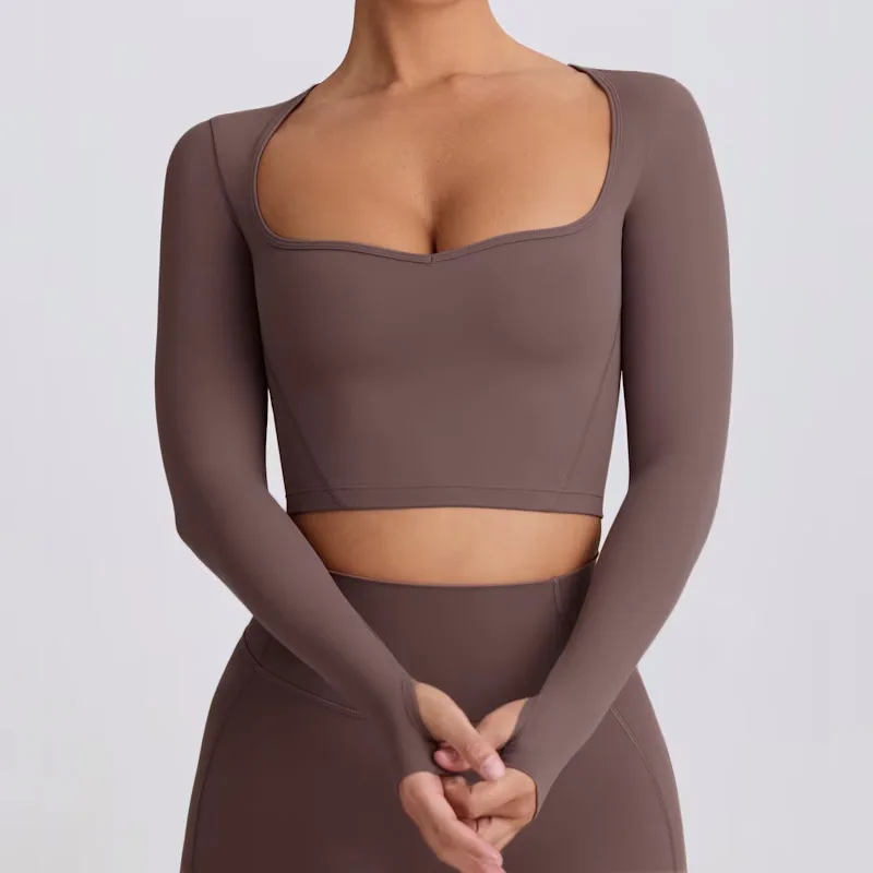 

Women Square Neck Yoga shirt Fitness Sports Crop Top Gym Top Female Long Sleeve Yoga Clothing Quick Dry workout tops for women