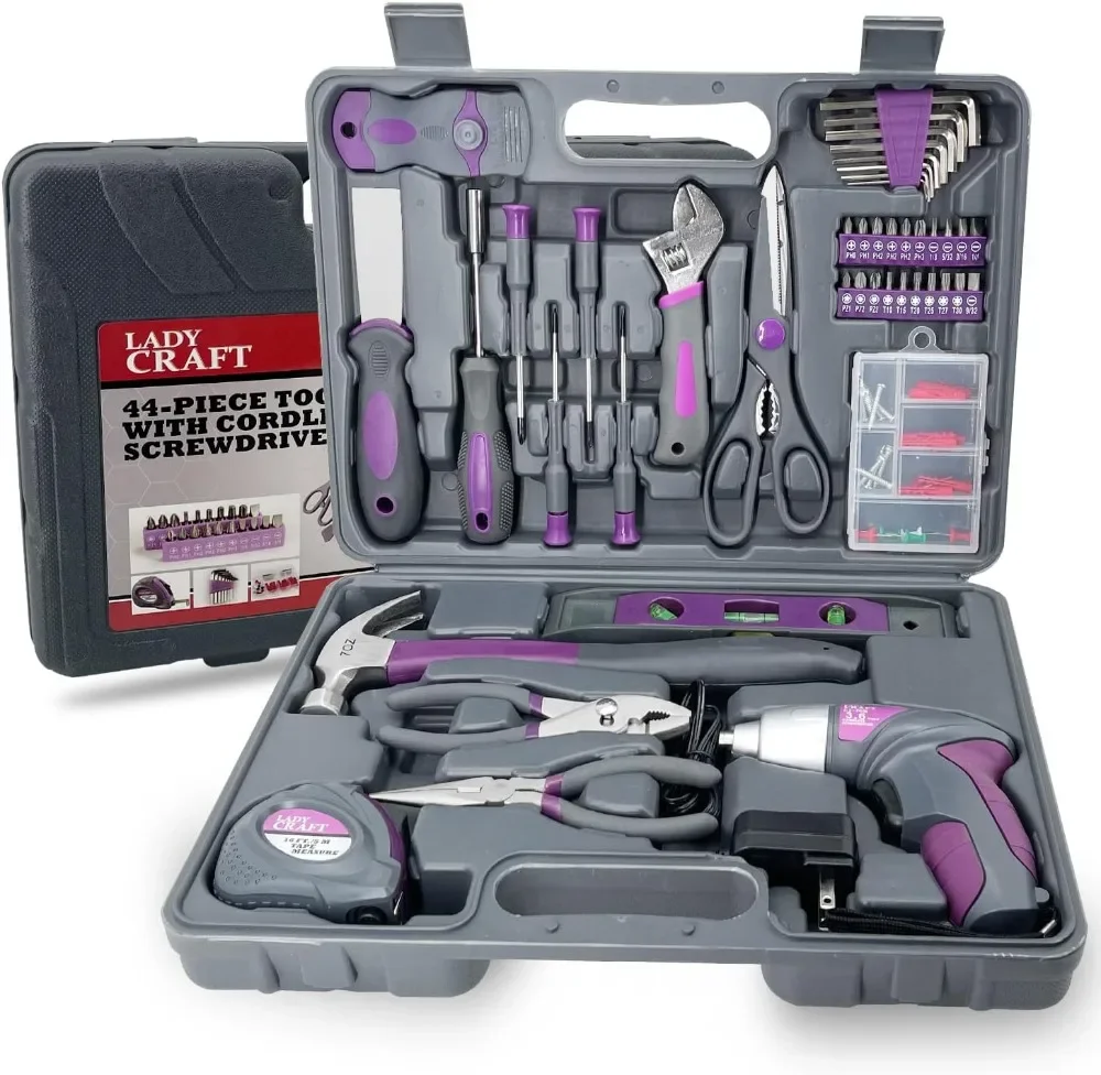 for 44PCS4V Cordless Screwdriver Tool Kit Set Pink Color Tools Lady Tools Kit Home Repair Set Toolbox Hand Tool Kit Storage Case