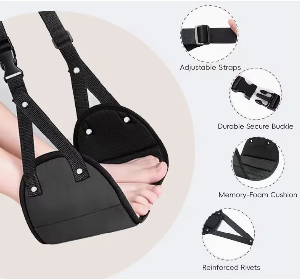 Adjustable footrest with N portable foot hammock, leg support belt, essential travel accessory for long-haul flights