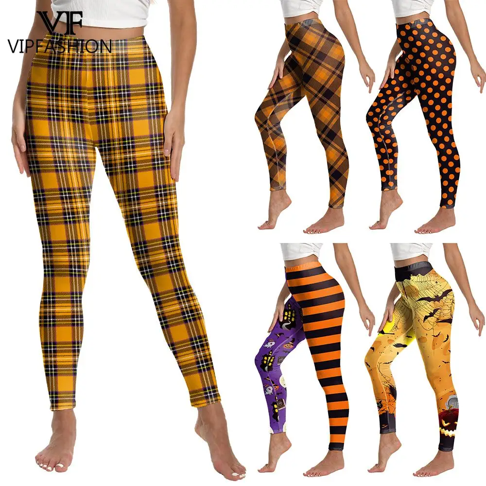 VIP Mode Orange Muster Halloween Leggings Frau sexy enge mittlere Taille elastische Trainings hose Plaid Cosplay Hose Party Wear