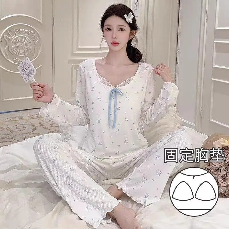 

New Style Spring Autumn Ins Pajamas Girl Sweet Loose Long Sleeves Pants Suit Can Be Worn Outside Lounge Clothes Sleepwear