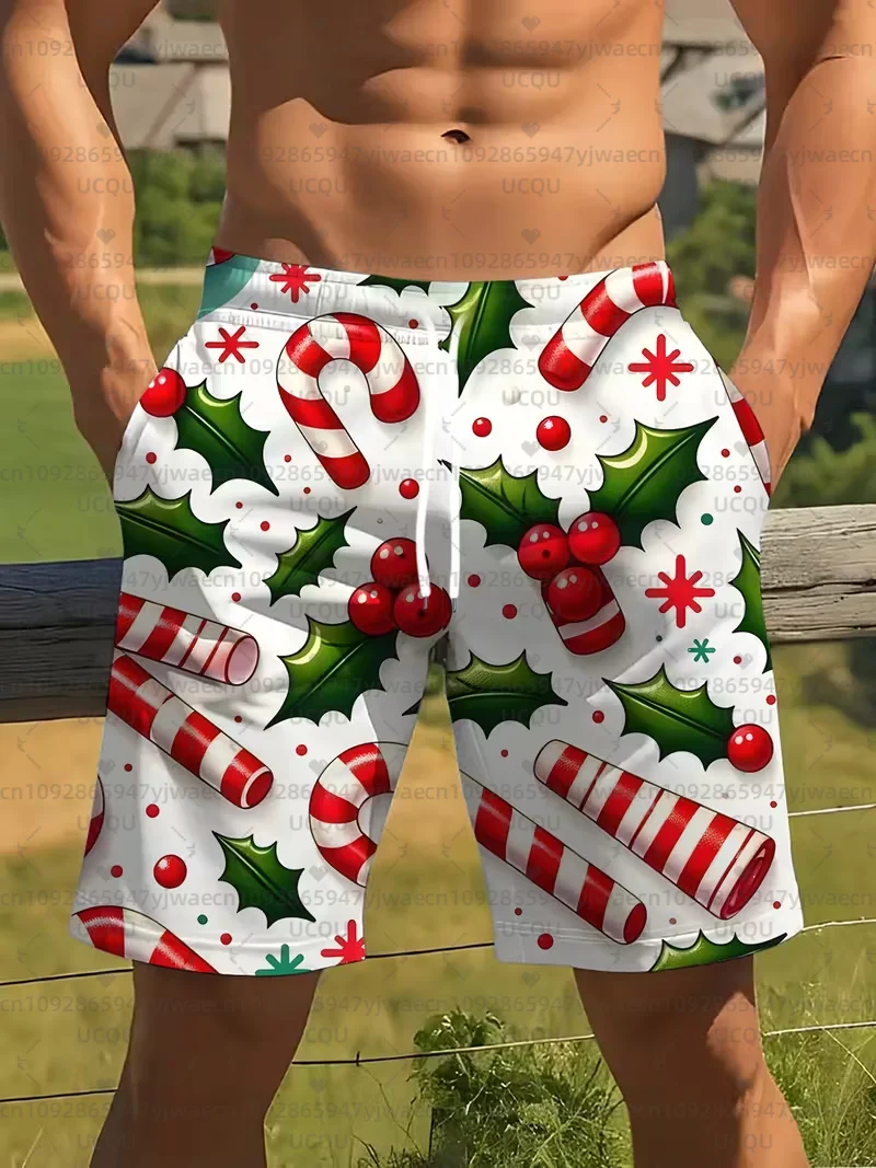 الرجال عيد الميلاد سروال سباحة قصير الأحمر والأبيض ندفة الثلج وهولي طباعة سريعة الجافة بحر عطلة الصيف عطلة هاواي السراويل #4