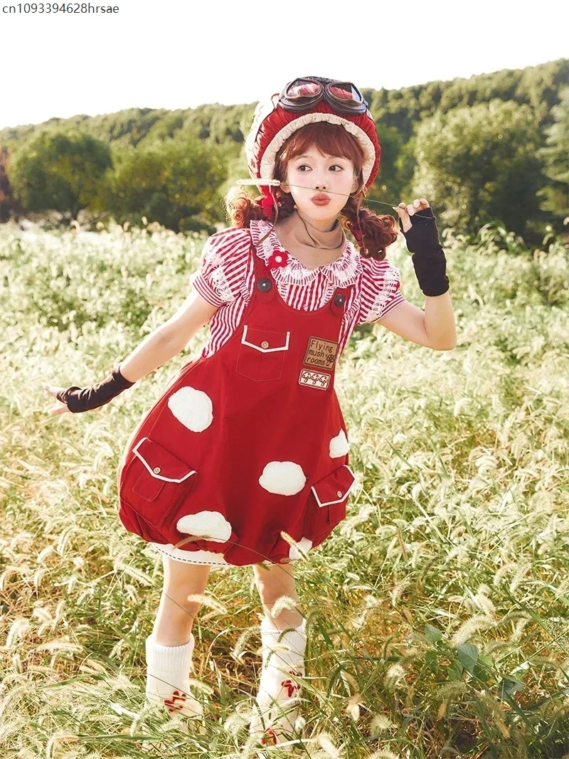 

Cute Mushroom Lolita Strap JSK Bud Dress Lolita Girl Women's Loose Red Printed kawaii Tank Short Dresses