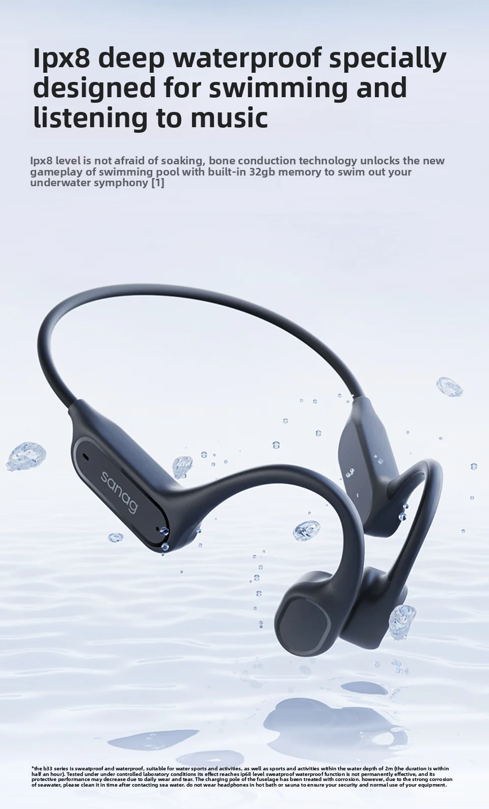 Sanag B33S Knochenleitung Bluetooth-Kopfhörer Open Ear IPX8 Schwimmkopfhörer Wahl 32 GB Speicher Wireless Headset MP3-Ohrhörer – Detail 3